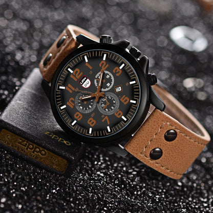 Fashion Men's Watches Casual Leather Band Quartz Watch Male Military Calendar Wristwatch