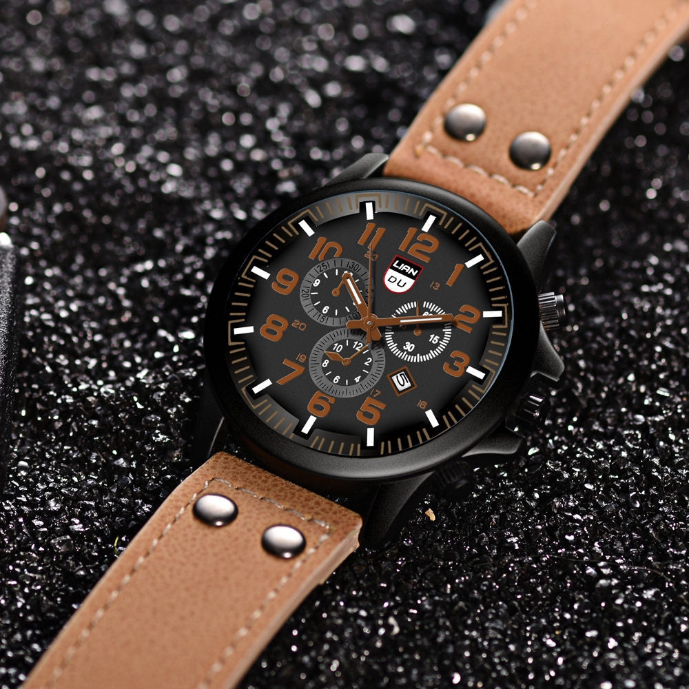 Fashion Men's Watches Casual Leather Band Quartz Watch Male Military Calendar Wristwatch