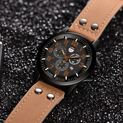 Fashion Men's Watches Casual Leather Band Quartz Watch Male Military Calendar Wristwatch